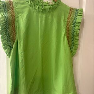 JODIFL Lime green mock neck with ruffle detail and embroidery on the sleeves